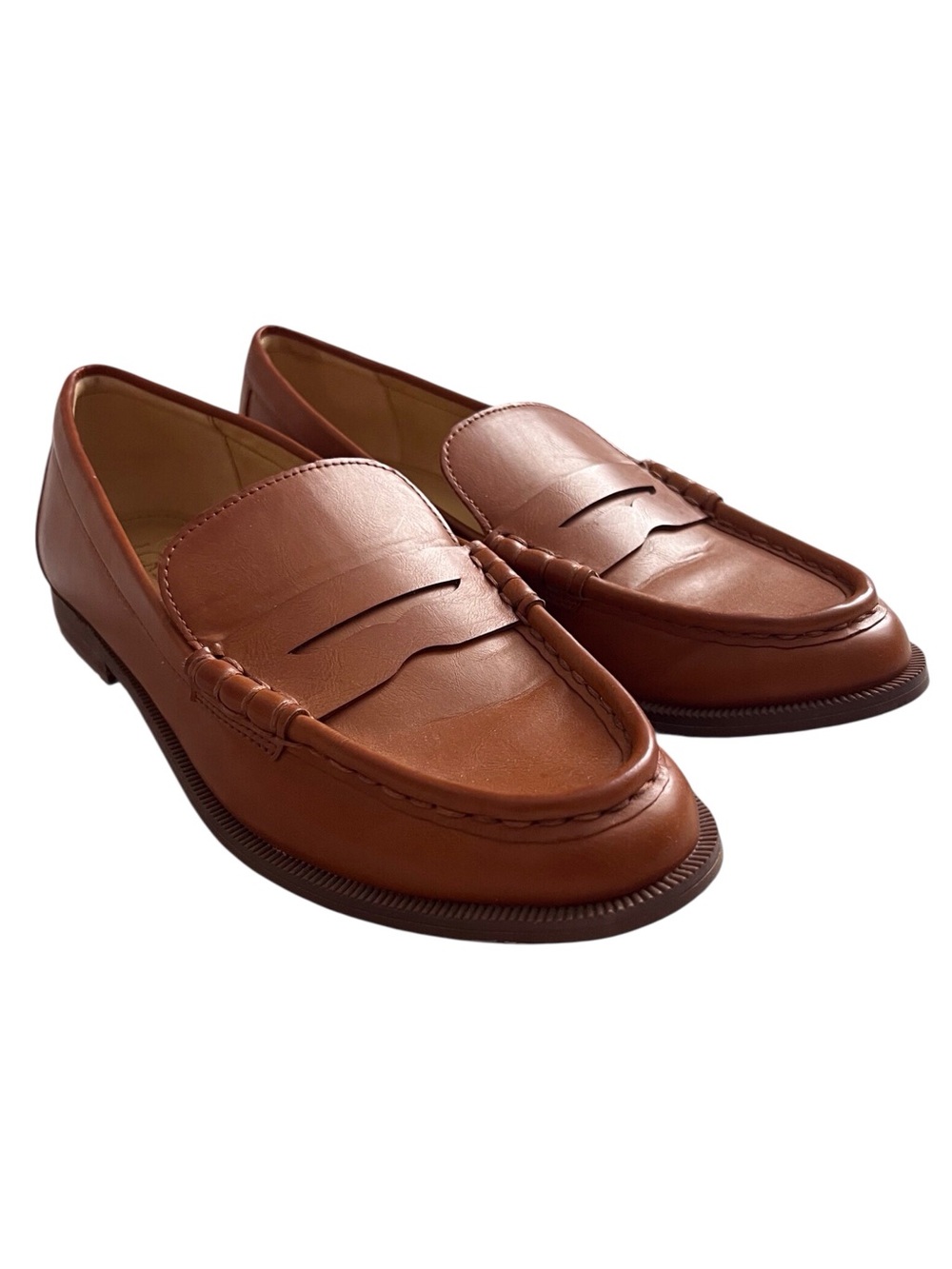 J Crew Tan Penny Loafer Vegan Leather Tan Brown Preppy Collegiate Normcore Sz 7